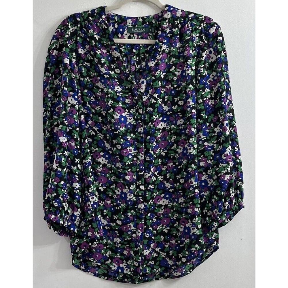 Lauren‎ Ralph Lauren Womens XL Button Up 3/4 Sleeve Blue Black Floral V Neck